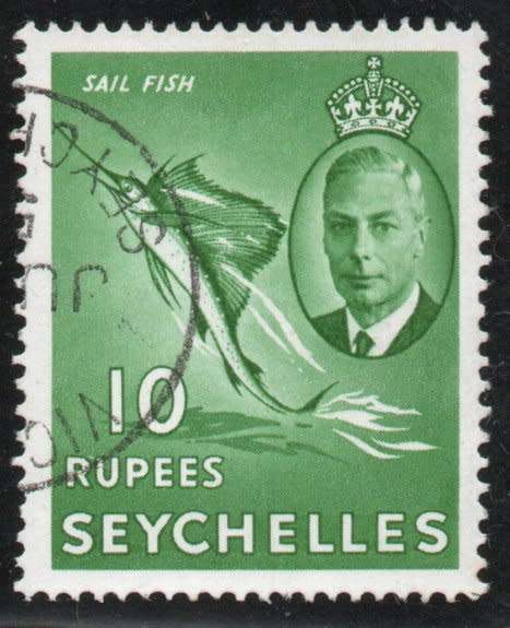 Seychelles 1952 KGVI definitive 10r green very fine used. SG 172. Cat £50 (2022)
