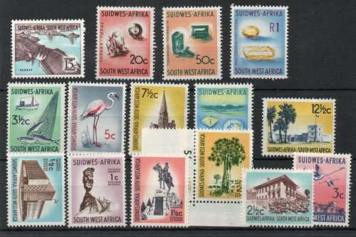 South West Africa 1961 KGVI definitive set of 15 lightly mm. SACC 199-213. Cat R1244 (2023-25)