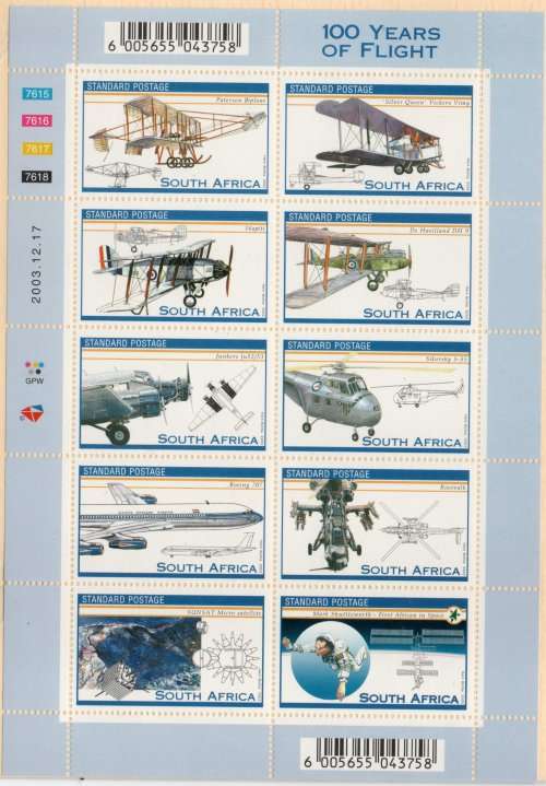 South Africa 2003 100 Years of Aviation sheetlet of 10 unmounted mint. SACC 1602. Cat R350 (2023-25)