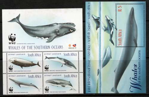 South Africa 1998 Whales of Southern Oceans set of 4 and mini sheet umm. SACC 1172-1176. Cat R220