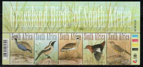 South Africa 2010 `Grassland birds of SA` control strip of 5 UMM. SACC 2081-85. CAT R180. (2023-25)