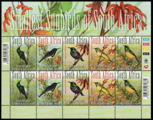 South Africa 2012 Smallest Sunbirds of SA sheet of 10 (2 sets) umm. SACC 2227. Cat R700 (2023-25)