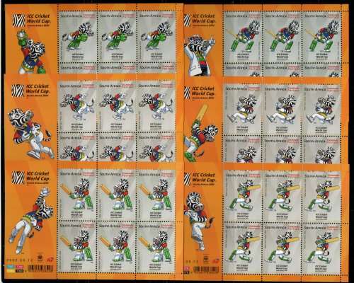 South Africa 2002 World Cup Cricket set of 6 in full sheets of 6. SACC 1499-1504 Cat R1080 (2023-25)