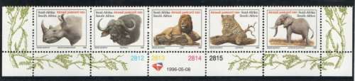 South Africa 1996 Big Five control set/strip of 5 unmounted mint. SACC 941-5. Cat R200 (2023-25)