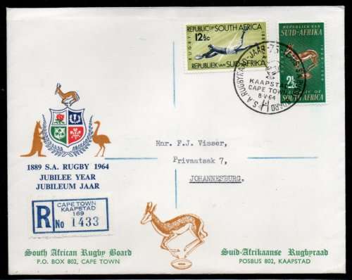South Africa 1964 SA Rugby Board 75th Anniv set of 2 on clean FDC. SACC 245-6. Cat R160 (2023-25)
