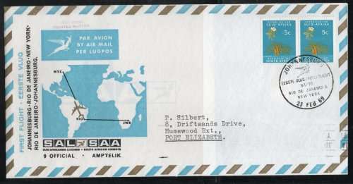 South Africa 1969 FDC No 9 Inaugural SAA Flight New York to Johannesburg. Cat R160 (2019-20)