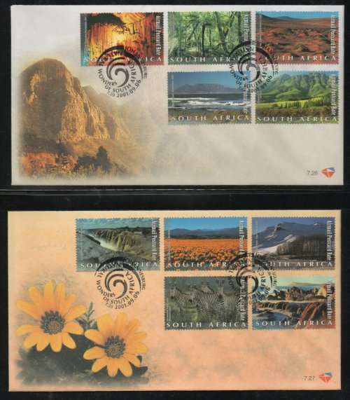 South Africa 2001 SA Natural Wonders set of 10 on 2 First Day Covers 7.26 - 7.27. Cat R170 (2023-25)