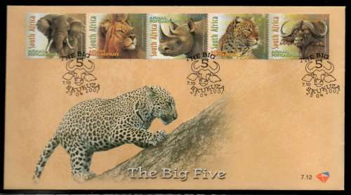 South Africa 2001 Big Five set/strip of 5 on FDC 7.12. SACC 1363-1367. Cat R85 (2023-25)