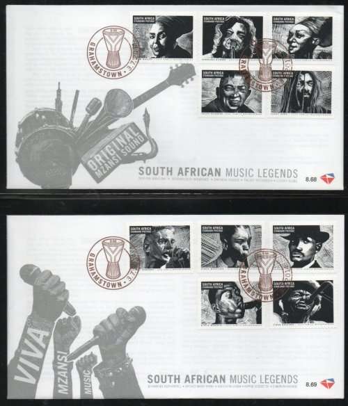 South Africa 2014 SA Music Legends set of 10 on 2 FDC`s 8.68 and 8.69. SACC 2266. Cat R180 (2023-25)
