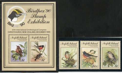 Norfolk Island `1990 BIRDPEX 90` Birds Mini sheet and set of 3 umm SG 505-MS508. Cat £9,25 (2012)