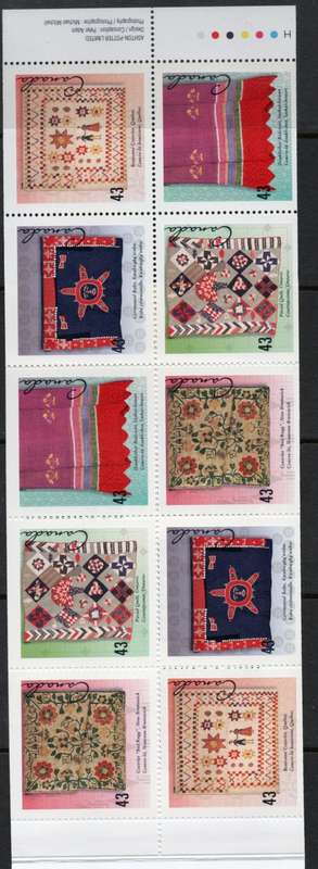 Canada 1993 `Hand Crafted Textiles` Booklet containing 2 sets of 5 umm. SG 1534- 1538 Cat £15 (2012)
