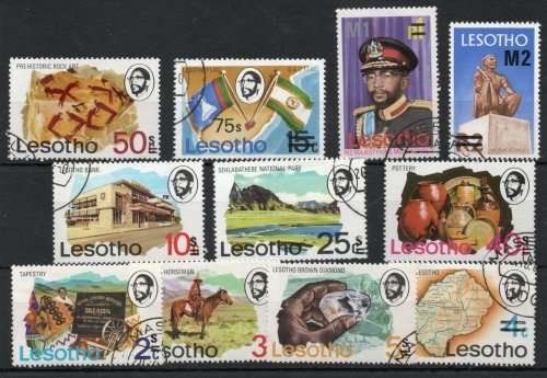 Lesotho 1980 Decimal Surcharge Definitive set of 11 very fine used. SG 402A-417A. Cat £6,50 (2018)