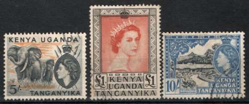 Kenya Uganda and Tanganyika 1954 Defin 3 top values very fine used. SG 178-180. Cat £32,50 (2022)