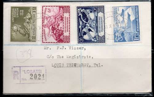 Bechuanaland 1949 UPU set of 4 on plain FDC very fine used. SG 138-141. Cat £9 for stamps (2022)