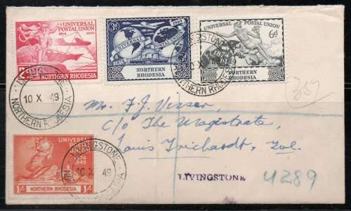 Northern Rhodesia 1949 UPU set of 4 on plain FDC very fine used. SG 50-53. Cat £12,50 stamps (2022)