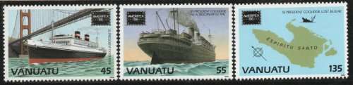 Vanuatu 1996 `Ameripex 96` (Ships) SS President Coolidge lost set of 3 umm SG 434-6 Cat £5,50 (2018)