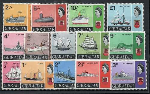 Gibraltar 1967 Ships Definitive set of 15 mint except 5d used. SG 200-213. Cat £33,50 (2022)