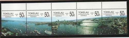Tokelau 1988 `Bicentenary of Australian Settlement` strip of 5 umm. SG 154-158. Cat £8,75 (2012)