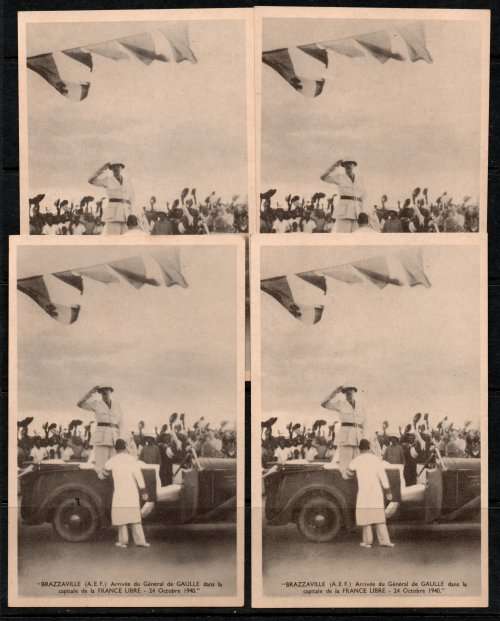 French Equatorial Africa 1942 set of 4 Postcards showing arrival of General de Gaulle in Brazzaville