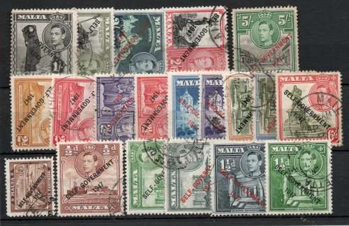 Malta 1948 KGVI Self Government Definitive short set of 20 vfu. (no 10/-) SG 234-248. Cat £12