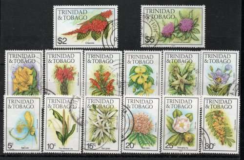 Trinidad and Tobago 1983 Flowers definitive part set of 14 vfu. SG 636A-647A, 700. Cat £23,60 (2013)