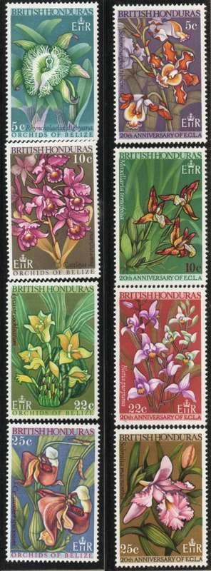 British Honduras 1969 and 1970 Orchids 2 sets of 4 mounted mint. SG 268-71, 287-90. Cat £5,50 (2013)