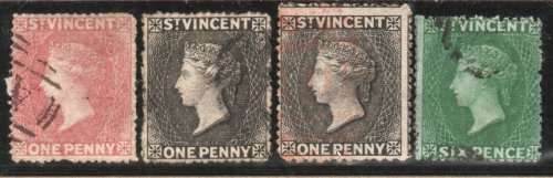 St Vincent 1861-75 QV 4 stamps good to fine used. SG 1, 4, 18a x 2. Cat £65 (2022)