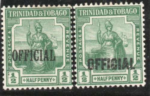 Trinidad and Tobago 1914-17 Official stamps ½d green x 2 mounted mint SG O13, O15. Cat £13,50 (2022)