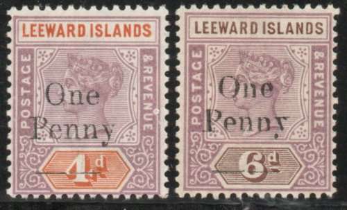 Leeward Island 1902 QV Definitive surcharges 1d on 4d and 1d on 6d lmm. SG 17, 18. Cat £18 (2022)