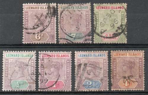Leeward Island 1890 QV short set of 7 (½d - 1/-) mixed used condition. SG 1-7. Cat £117,50 (2022)