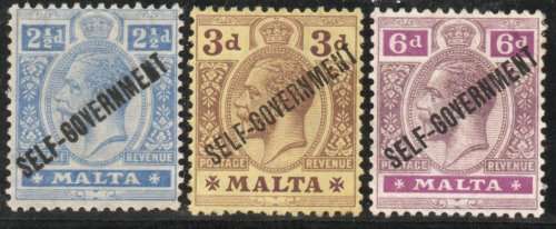 Malta 1922 `SELF GOVERNMENT` optd 3 stamps lmm. SG 118, 108, 109. Cat £13,10 (2022)