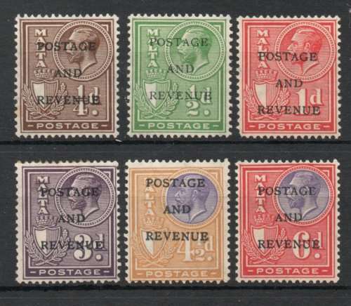 Malta 1928 KGV Definitive 6 stamps mm. SG 174-176, 182, 184, 185. Cat £11,25 (2022)