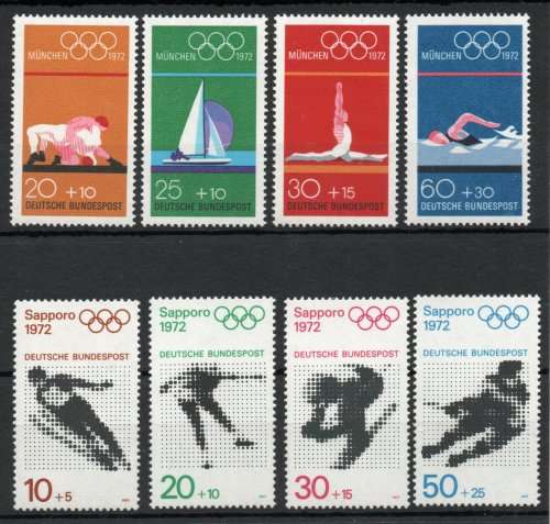 Germany West 1972 Winter and Summer Olympics 2 sets of 4 umm. SG 1589-92, 1621-24. Cat £8,95 (2013)
