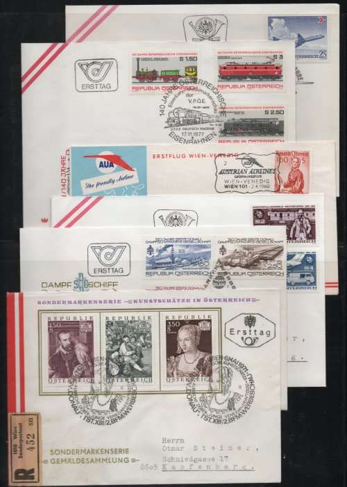 Austria 1971-79 First Day Covers x 5 and 1 First Flight Airmail cover. Cat £11 (2013)