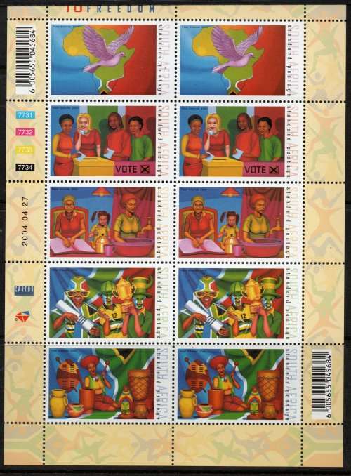 South Africa 2004 `Ten Years of Freedom` sheet of 10 umm (2 sets). SACC 1610-1614 Cat R260 (2023-25)