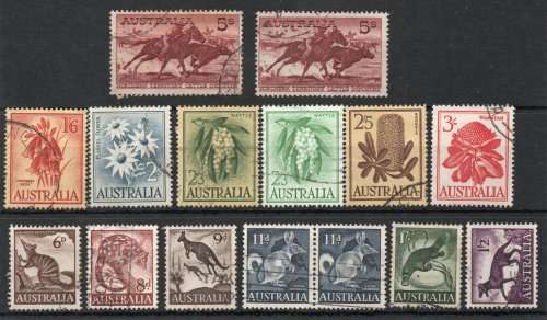 Australia 1959-64 Definitive set of 13 plus 5/- white paper vfu. SG 316-327a. Cat £14,50 (2022)