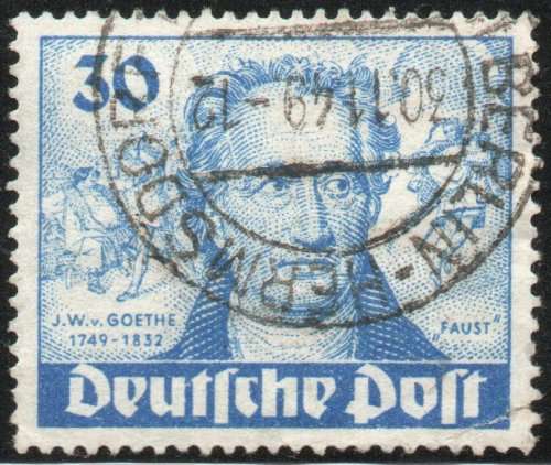 Germany West Berlin 1949 Birth Cent of Goethe 30pf blue used. (weak corner) SG B63. Cat £70 (2013)