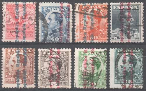 Spain 1931 `Republica` overprint part set of 8 very fine used. SG 687-691, 694-696. Cat £3,60 (2013)