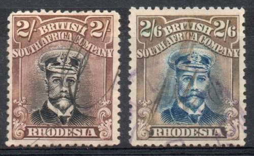 Rhodesia 1913-22 Admirals 2/ and 2/6d perf 14 Die 111 fiscally used. SG 273, 274.  Cat £105 (2022)