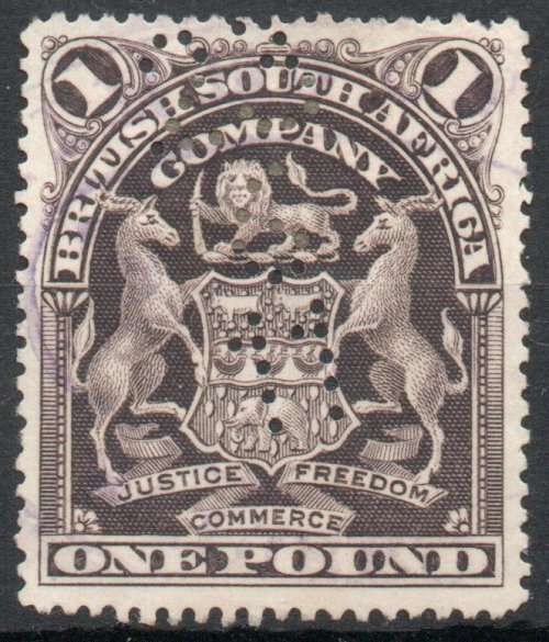 Rhodesia 1902 Definitive £1 blackish-purple perf 14 fiscally used. SG 90a. Cat £160 (2022)