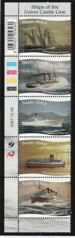 South Africa 2007 Union Castle Ships control strip of 5 umm. SACC 1849-53. Cat R250 (2023-25)