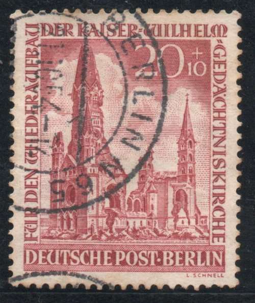 Germany West Berlin 1953 Kaiser Wilhelm Church Reconstr 20 + 10pf red vfu. SG B108. Cat £60 (2013)