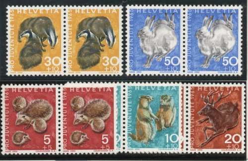 Switzerland 1965 Pro Juventute set of 5 in pairs umm. SG J207-J211. Cat £6,20 (2013)