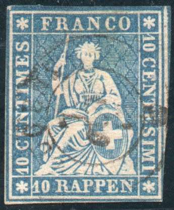 Switzerland 1854 Defin 10c blue imperf 4 margins very fine used. SG 48. Cat £22 (2013)
