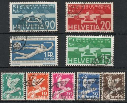 Switzerland 1932 International Disarmament Conf set of 9 fine - vfu. SG 338-346. Cat £93,65 (2013)