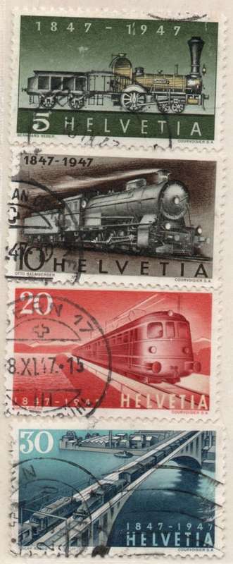 Switzerland 1947 Centenary of Swiss Federal Railways set of 4 vfu. SG 477-480. Cat £6 (2013)