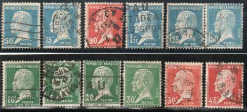 France 1923 Pasteur Definitive set of 12 fine - very fine used. SG 396-400d. Cat £25 (2015)