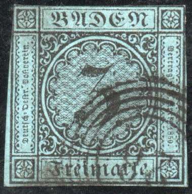 Baden 1851 Definitive 3k black on blue very fine used. SG 10. Cat £50