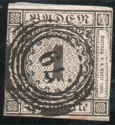 Baden 1851 Definitive 1k black on white fine used. SG 8. Cat £44.