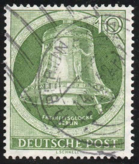 Germany West Berlin 1951 Freedom Bell 10pf Clapper at right very fine used. SG B83. Cat £5,50 (2013)